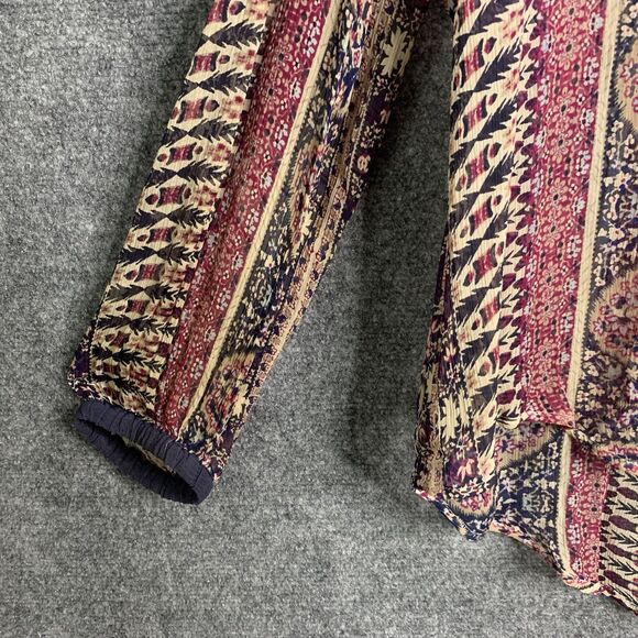 Lucky Brand Semi Sheer Top Pull Over Dark Paisley Striped Scarf Print Hi Low - Picture 4 of 10